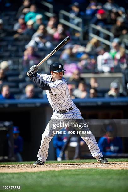 Scott Sizemore of the New York Yankees bats during the game against the Chicago Cubs at Yankee Stadium on April 16, 2014 in the Bronx borough of New...