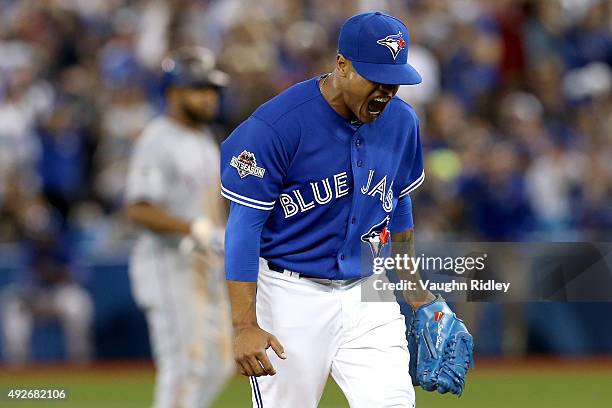 Marcus Stroman of the Toronto Blue Jays reacts after striking out Prince Fielder of the Texas Rangers to end the 5th inning in game five of the...