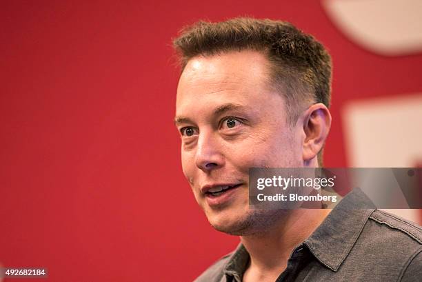 Elon Musk, chairman and chief executive officer of Tesla Motors, speaks during an event the company's headquarters in Palo Alto, California, U.S., on...