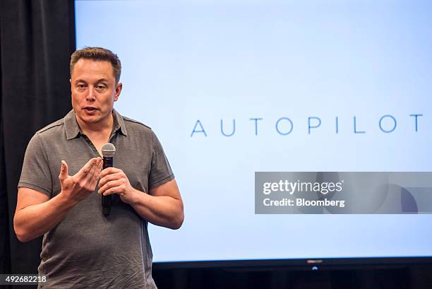 Elon Musk, chairman and chief executive officer of Tesla Motors, speaks during an event the company's headquarters in Palo Alto, California, U.S., on...