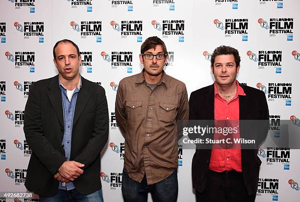 Simon Chinn, Louis Theroux and John Dower attend a screening of 'My Scientology Movie' during the BFI London Film Festival at Vue Leicester Square on...