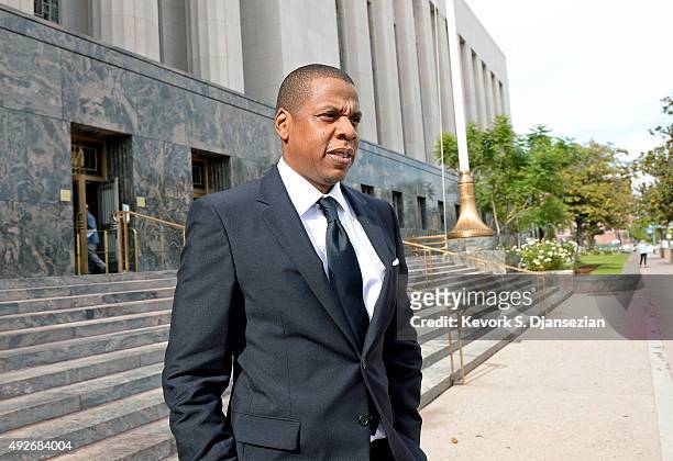 Rap mogul Jay Z departs United States District Court after testifying in a copyright lawsuit on October 14, 2015 in Los Angeles, California. Jay Z...