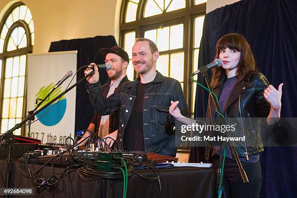 Martin Doherty, Iain Cook and Lauren Mayberry and Martin Doherty of Chvrches perform during an EndSession hosted by 107.7 The End at Fremont Abbey...