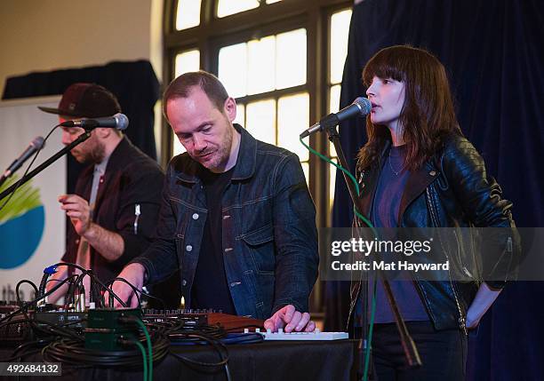 Martin Doherty, Iain Cook and Lauren Mayberry and Martin Doherty of Chvrches perform during an EndSession hosted by 107.7 The End at Fremont Abbey...