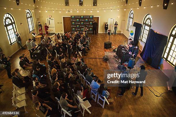 Martin Doherty, Iain Cook and Lauren Mayberry and Martin Doherty of Chvrches perform during an EndSession hosted by 107.7 The End at Fremont Abbey...