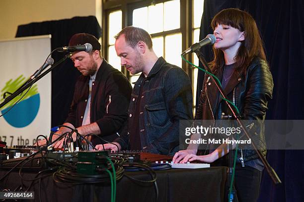 Martin Doherty, Iain Cook and Lauren Mayberry and Martin Doherty of Chvrches perform during an EndSession hosted by 107.7 The End at Fremont Abbey...