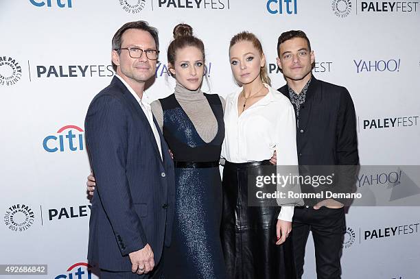 Christian Slater, Carly Chaikin, Portia Doubleday and Rami Malek attend PaleyFest New York 2015 - "Mr. Robot" at The Paley Center for Media on...