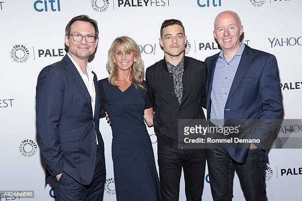Christian Slater, Bonni Hammer, Rami Malek and Chris McCumber attend PaleyFest New York 2015 - "Mr. Robot" at The Paley Center for Media on October...
