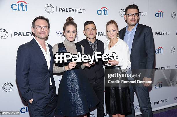 Chritian Slater, Carly Chaikin, Rami Malek, Portia Doubleday and Sam Esmail attend PaleyFest New York 2015 - "Mr. Robot" at The Paley Center for...