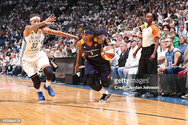 Shavonte Zellous of the Indiana Fever handles the ball against the Minnesota Lynx during Game Five of the 2015 WNBA Finals on October 14, 2015 at...