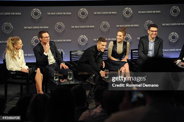 Portia Doubleday, Christian Slater, Rami Malek, Carly Chaikin and Sam Esmail attend PaleyFest New York 2015 - "Mr. Robot" at The Paley Center for...