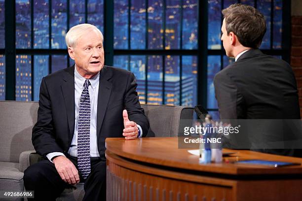 Episode 275 -- Pictured: Hardball host, Chris Matthews, during an interview with host Seth Meyers on October 14, 2015 --