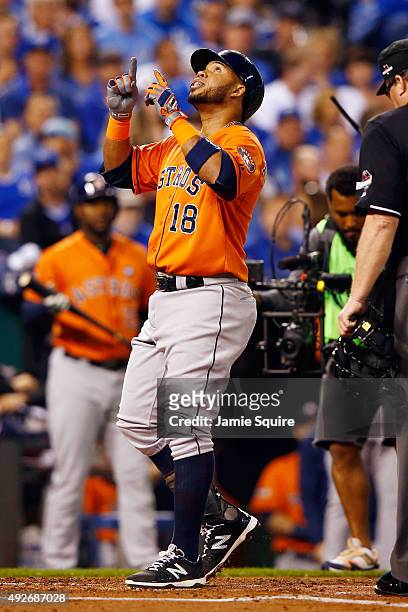 Luis Valbuena of the Houston Astros celebrates after hitting a two-run home run in the second inning against the Kansas City Royals during game five...