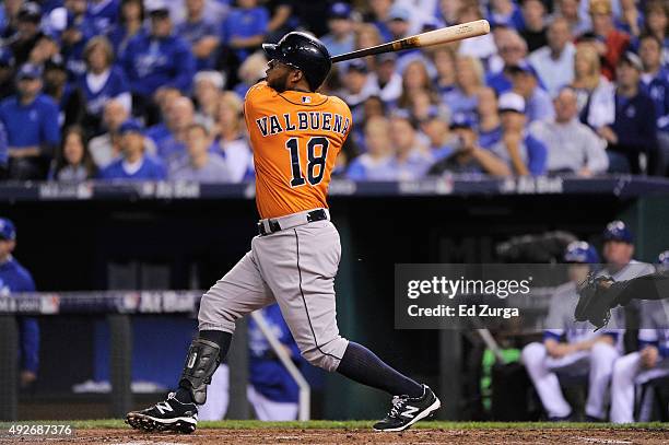 Luis Valbuena of the Houston Astros hits a two-run home run in the second inning against the Kansas City Royals during game five of the American...