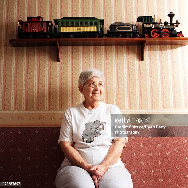portrait of senior woman with train set on shelf - elephant at home stockfoto's en -beelden