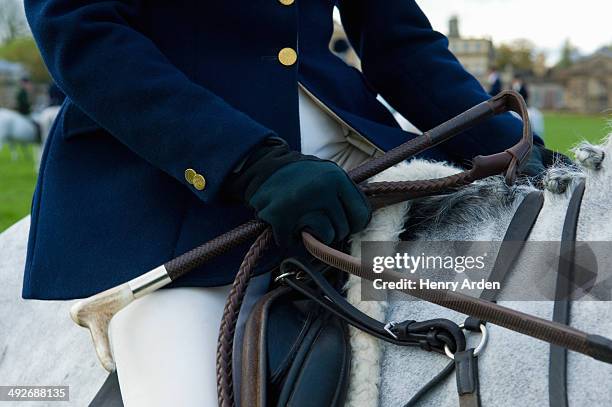 close up cropped shot of mature woman riding grey horse - frustino da equitazione foto e immagini stock