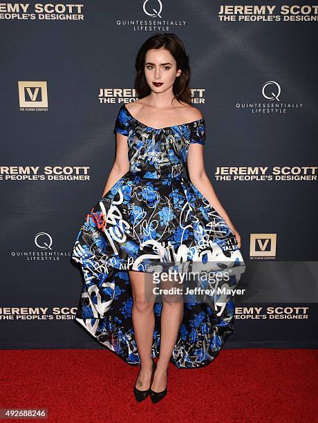 Actress Lily Collins arrives at the Premiere Of The Vladar Company's 'Jeremy Scott: The People's Designer' at TCL Chinese 6 Theatres on September 8,...