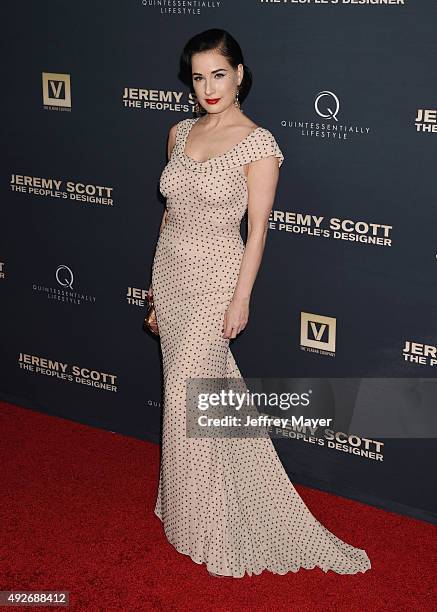 Dancer/model Dita Von Teese arrives at the Premiere Of The Vladar Company's 'Jeremy Scott: The People's Designer' at TCL Chinese 6 Theatres on...