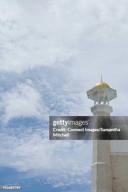 detail of sultan omar ali saifuddin mosque, and cloudy sky, bandar seri bagawan, brunei - omar ali saifuddin mosque stock pictures, royalty-free photos & images