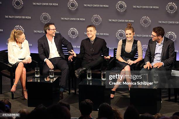 Actors Portia Doubleday, Christian Slater, Rami Malek and Carly Chaikin, and writer, director and producer Sam Esmail speak at The Paley Center for...