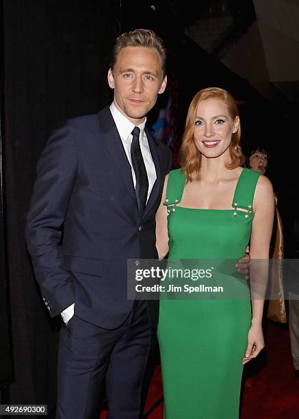 Actors Tom Hiddleston and Jessica Chastain attend the "Crimson Peak" New York premiere at AMC Loews Lincoln Square on October 14, 2015 in New York...