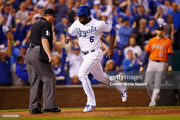 Lorenzo Cain of the Kansas City Royals scores a run in the fourth inning after Eric Hosmer of the Kansas City Royals hits an RBI single against the...