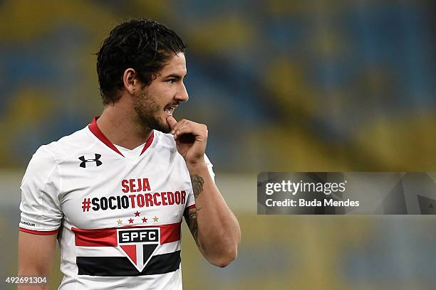Alexandre Pato of Sao Paulo gestures during a match between Fluminense and Sao Paulo as part of Brasileirao Series A 2015 at Maracana Stadium on...