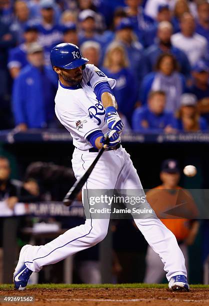 Alex Rios of the Kansas City Royals hits a two-run RBI double in the fifth inning against the Houston Astros during game five of the American League...