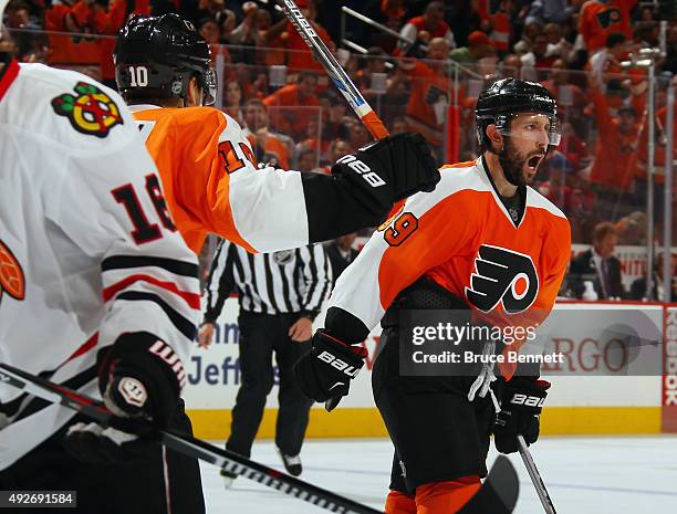 Sam Gagner of the Philadelphia Flyers scores on the powerplay at 5:35 of the second period against the Chicago Blackhawks at the Wells Fargo Center...