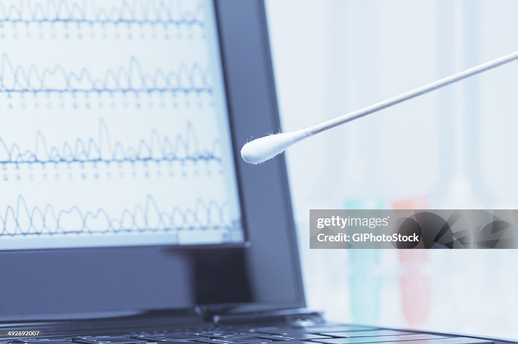Cotton swab with saliva in front of a laptop screen that displays results of automated DNA sequencing