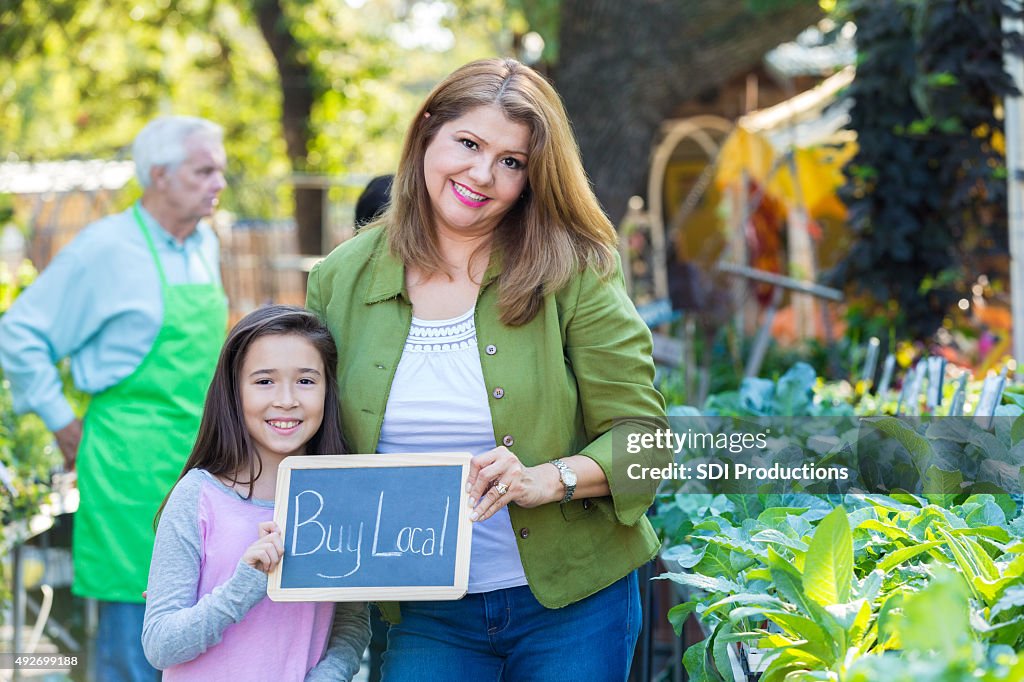 Mère et fille tenant panneau Achetez LOCAL au marché en plein air