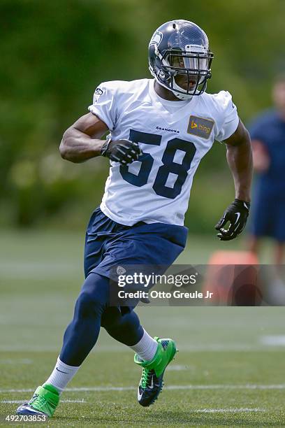 Linebacker Kevin Pierre-Louis of the Seattle Seahawks defends during Rookie Minicamp at the Virginia Mason Athletic Center on May 17, 2014 in Renton,...