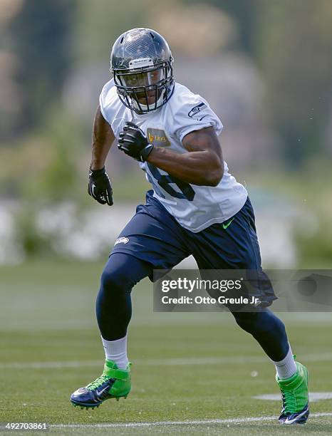 Linebacker Kevin Pierre-Louis of the Seattle Seahawks defends during Rookie Minicamp at the Virginia Mason Athletic Center on May 17, 2014 in Renton,...
