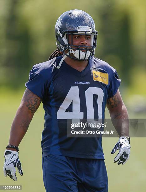 Running back Ryan Montague of the Seattle Seahawks looks on during Rookie Minicamp at the Virginia Mason Athletic Center on May 17, 2014 in Renton,...