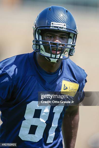 Wide receiver Kevin Norwood of the Seattle Seahawks looks on during Rookie Minicamp at the Virginia Mason Athletic Center on May 17, 2014 in Renton,...