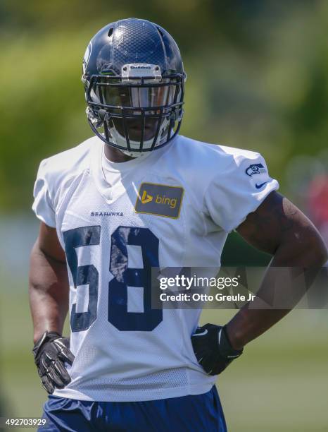 Linebacker Kevin Pierre-Louis of the Seattle Seahawks looks on during Rookie Minicamp at the Virginia Mason Athletic Center on May 17, 2014 in...