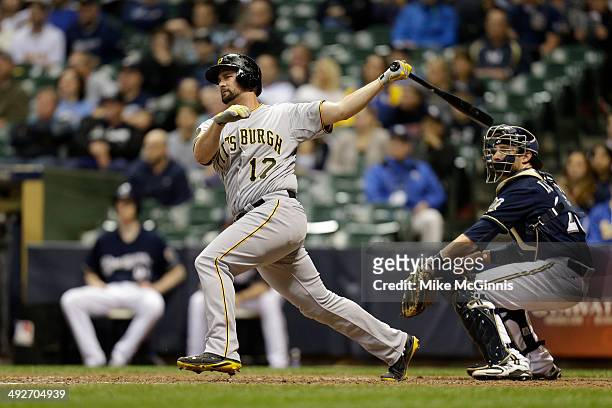 Gaby Sanchez of the Pittsburgh Pirates hits a RBI double in the top of the eighth inning against the Milwaukee Brewers at Miller Park on May 13, 2014...