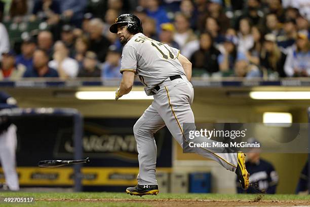 Gaby Sanchez of the Pittsburgh Pirates hits a RBI double in the top of the eighth inning against the Milwaukee Brewers at Miller Park on May 13, 2014...