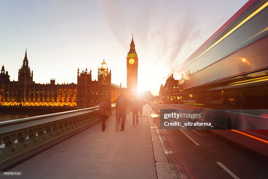 Sun setting behind Big Ben in London.