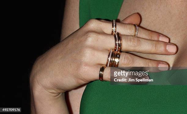 Actress Jessica Chastain, jewelry detail, attends the "Crimson Peak" New York premiere at AMC Loews Lincoln Square on October 14, 2015 in New York...