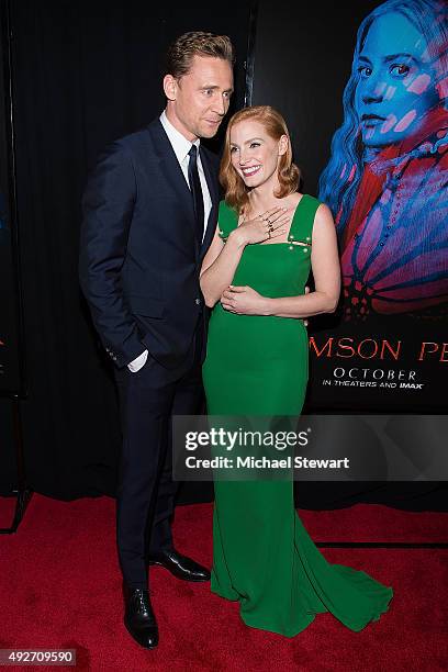 Actors Tom Hiddleston and Jessica Chastain attend the "Crimson Peak" New York premiere at AMC Loews Lincoln Square on October 14, 2015 in New York...