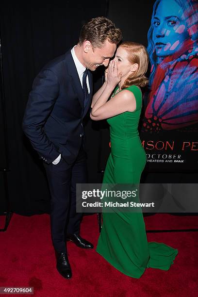 Actors Tom Hiddleston and Jessica Chastain attend the "Crimson Peak" New York premiere at AMC Loews Lincoln Square on October 14, 2015 in New York...