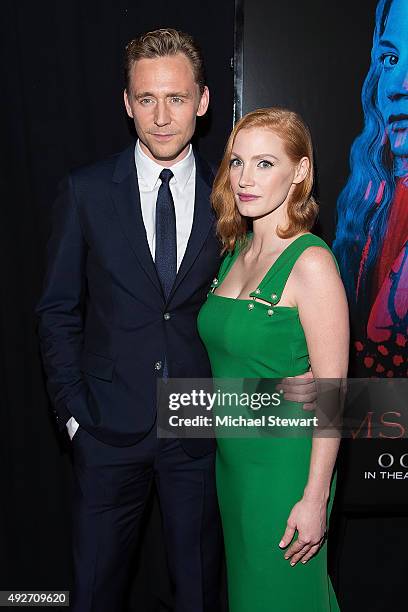 Actors Tom Hiddleston and Jessica Chastain attend the "Crimson Peak" New York premiere at AMC Loews Lincoln Square on October 14, 2015 in New York...