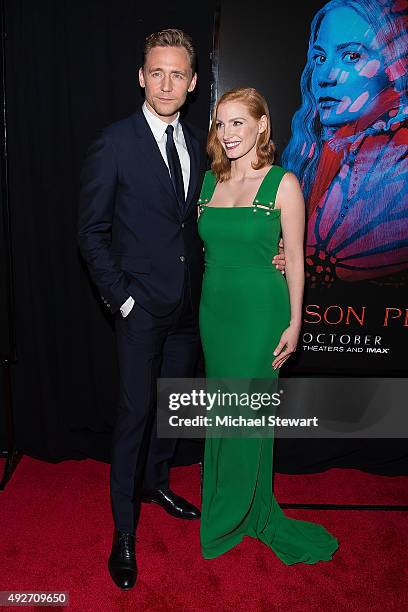 Actors Tom Hiddleston and Jessica Chastain attend the "Crimson Peak" New York premiere at AMC Loews Lincoln Square on October 14, 2015 in New York...