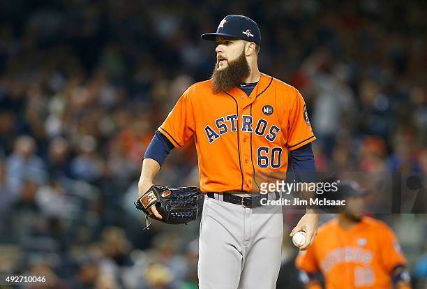 Dallas Keuchel of the Houston Astros in action against the New York Yankees during the American League Wild Card Game at Yankee Stadium on October 6,...