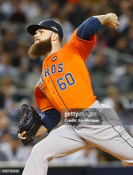 Dallas Keuchel of the Houston Astros in action against the New York Yankees during the American League Wild Card Game at Yankee Stadium on October 6,...