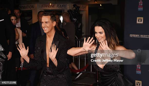 Fashion designer Jeremy Scott and singer Katy Perry at the Jeremy Scott And Katy Perry Hand Print Ceremony At TCL Chinese IMAX Forecourt on September...