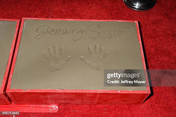 Fashion designer Jeremy Scott's hand prints at the Jeremy Scott And Katy Perry Hand Print Ceremony At TCL Chinese IMAX Forecourt on September 8, 2015...