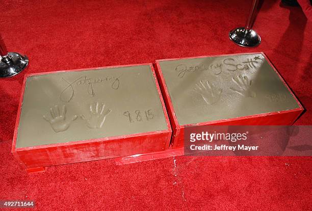 Fashion designer Jeremy Scott and singer Katy Perry's hand prints at the Jeremy Scott And Katy Perry Hand Print Ceremony At TCL Chinese IMAX...