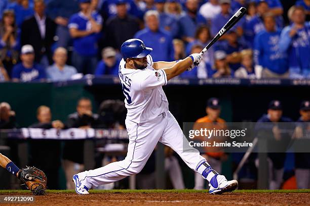 Kendrys Morales of the Kansas City Royals hits a three-run home run in the eighth inning against the Houston Astros during game five of the American...